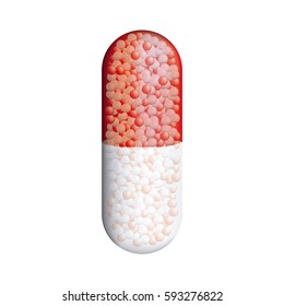 Colored pills medical in capsules shape with granules inside vector illustration