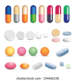 Colored pills, tablets and capsules. Vector illustration