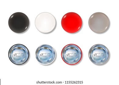 Colored pin button front and back side set. Blank badge brooch mockup design. Vector illustration.
