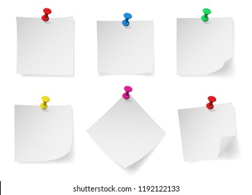 Colored pin push with note paper. Realistic vector illustration.