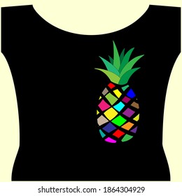 Colored pineapple on a black blouse, fruit stylized, hand-drawn, for printing fabric, for embroidery, for cover, tile, wrapping paper
