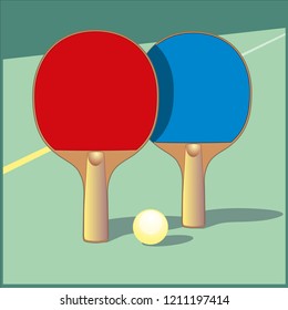Colored ping pong rackets and ball on green table 