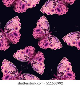 colored pink butterflies on dark background, vector illustration for textile texture
