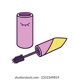 Colored pink mascara make up for eyelashes vector icon outlined illustration isolated on square white background. Small cute maskara. Simple flat beauty tool drawing with clean cartoon art style.