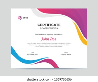 Colored Pink, Purple, Blue and Orange Waves Certificate Design