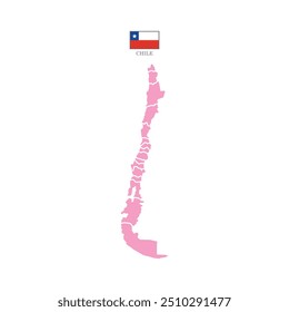 Colored (pink) silhouette map of Chile with the outline of regions. Vector illustration with a flag.