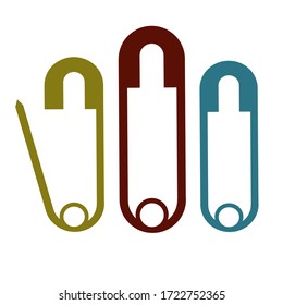Colored pins: blue, brown, green. Set of safety pins diaper illustration. Vector flat pin. 