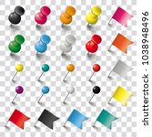 Colored pins, flags and tacks on the checked background. Eps 10 vector file.