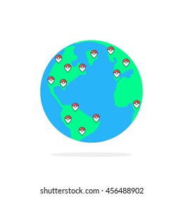 colored pins on globus of earth. concept of adventure trip, explore, save ocean, america, universe, gps destination. flat style trend modern logo graphic design vector illustration on white background
