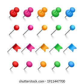 Colored pins set. Push pins, flags and stationery needles. Vector illustration.