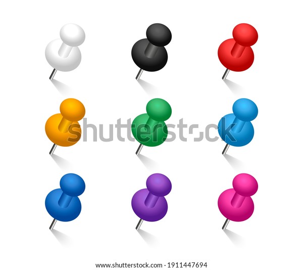 Colored pins set. Push pins with shadow.\
Vector illustration.
