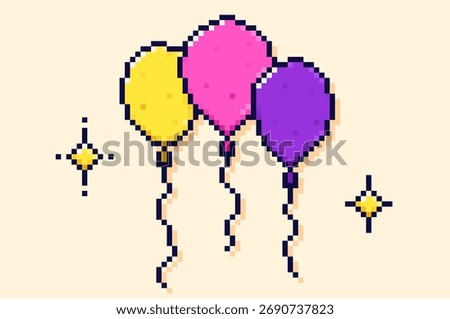 Colored pixel art balloons and two simple stars around it.