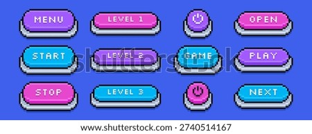 Colored pixel art play, next, open, on off switch and stop buttons. Pixelated video game symbols, text box frames, interface menu icons in 8bit retro style. Vector arcade ui elements for mobile app