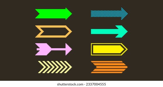 Conjunto de imágenes en píxeles de colores de diferentes flechas. Colección de flechas minimalistas en diferentes estilos y colores
