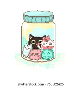 colored pixel cats in a different mood in a transparent jar with a blue lid for websites and games