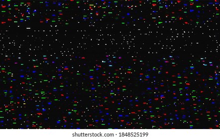 Colored pixel digital noise. Abstract television broadcasting glitch background. Vector illustration.