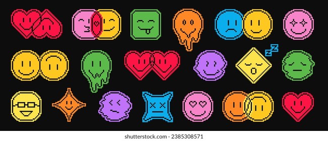 Colored pixel emoticons faces. Various pixel emojis with laugh or love, groovy faces, message chat emoticons and expression smiles, vector stickers. 8bit acid style pixelated faces. 