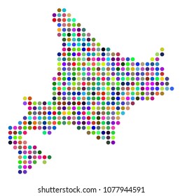 Colored Pixel Hokkaido Island Map. Vector geographic map in bright colors on a white background. Colorful vector concept of Hokkaido Island Map made of regular filled circles.