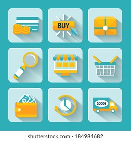 Colored pixel icons set for internet online shopping of delivery box looking glass and money wallet isolated vector illustration