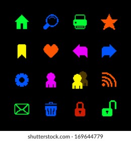 Colored pixel icons set for website of home search print favorites isolated vector illustration