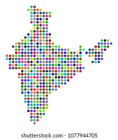 Colored Pixel India Map. Vector geographic map in bright colors on a white background. Multicolored vector concept of India Map done of regular filled circles.