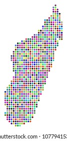 Colored Pixel Madagascar Island Map. Vector geographic map in bright colors on a white background. Multicolored vector pattern of Madagascar Island Map organized of regular round elements.