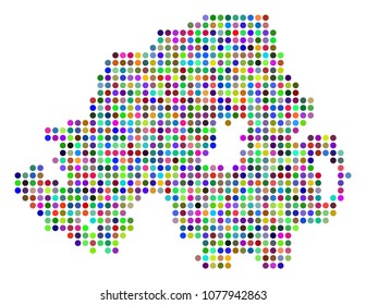 Colored Pixel Northern Ireland Map. Vector geographic map in bright colors on a white background. Colored vector pattern of Northern Ireland Map made of regular round elements.
