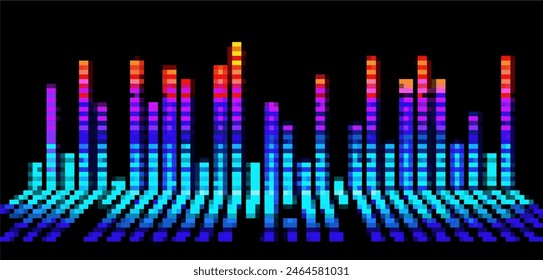 Colored pixelated sound waves. The height of bars reflects frequencies, colors from blue to red indicate the volume. The dark background highlights brightness of  waves, creating dynamic impression.