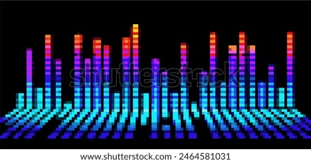 Colored pixelated sound waves. The height of bars reflects frequencies, colors from blue to red indicate the volume. The dark background highlights brightness of  waves, creating dynamic impression.
