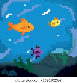 Colored pixelated underwater landscape with animals Vector illustration