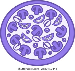 Colored Pizza Icon. Vector Drawing. Round Pizza with Mushrooms, Tomatoes, and Olives. Food, Fast Food. Meal Concept