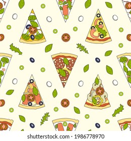 Colored pizza slices on light background - seamless pattern for design of kitchen and pizzeria wallpaper