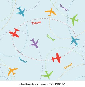 Colored planes kids background. Seamless pattern.