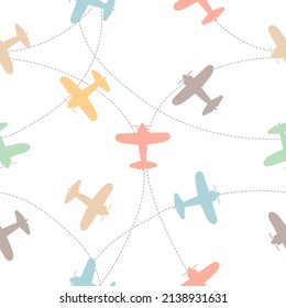 Colored planes kids pattern.Vector background. Baby boy seamless pattern. Funny airplanes.