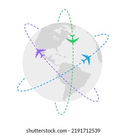 Colored planes and lines of air routes around the earth globe. Vector illustration