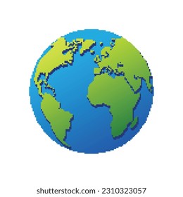 Colored planet earth with continents. Blue seas and oceans with green geographic lands for graphic vector design