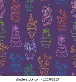 Colored plants in pots on a purple background. Cacti, indoor plants. Doodle drawing, sketch