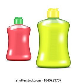 Colored plastic bottles with screw flip top cap filled with liquid isolated on white background, realistic vector illustration. Color set. Easy to recolor.