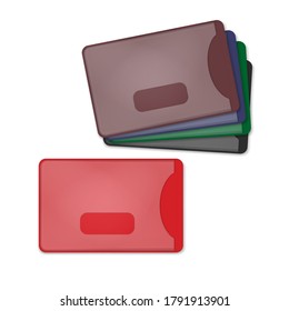 Colored plastic card holders. Coloured blank empty credit card sleeve set. Realistic vector illustration.