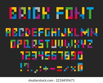 Colored plastic children's building blocks font, children's constructor bricks alphabet letters, numbers and signs. Vector illustration.