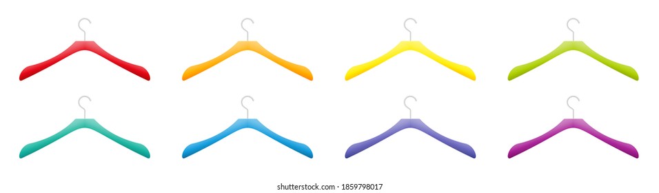 Colored plastic clothes hanger collection, different colors, red, orange, yellow, green, blue, purple set. Isolated vector illustration on white background.
