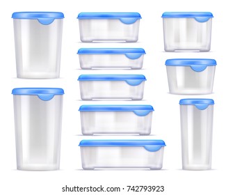 Colored plastic food containers realistic transparent with blue cap on white background vector illustration