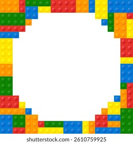 Colored plastic toy blocks background. Square frame design template made of plastic parts. Bricks round border.