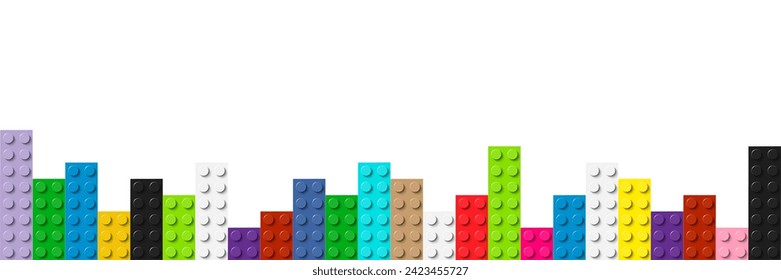 Colored plastic toy bricks on white background. Realistic vector bricks with free space for your text. Abstract banner