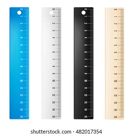 Colored plastic and wooden rulers in millimeters. Vector objects