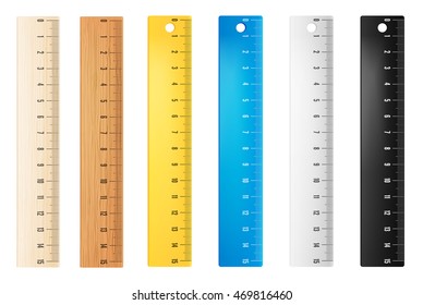 Colored plastic and wooden rulers. Vector objects