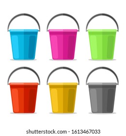 Colored plastics pails. Cartoon garden buckets of blue and yellow, red and green colors vector illustration isolated on white background