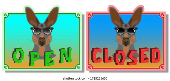 Colored plates with 3D inscriptions OPEN and CLOSED. Head of furry Kangaroo with transparent and black glasses EPS10