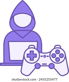 Colored Player Icon. Vector Icon. Gamer with Laptop and Game Console, Joystick. Computer Games Concept