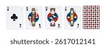 Colored playing cards of Clubs. King, Queen, Jack, Ace and card back.